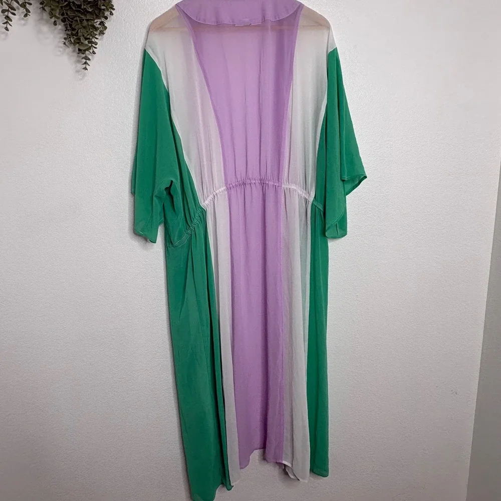 Green Purple Colorblock Kimono Duster Maxi Robe Open Front Elastic Waist